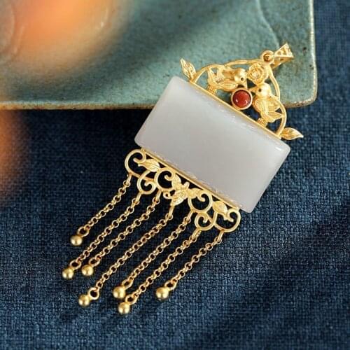 Silver Natural Hetian white jade Tassel Necklace Chinese style ancient style unique sand gold craft charm womens brand jewelry