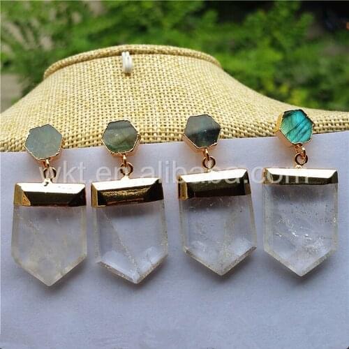 WT-E267Unique design Hexagon labradorite and quartz point dangling earring,raw quartz point stone earring jewelry supplies