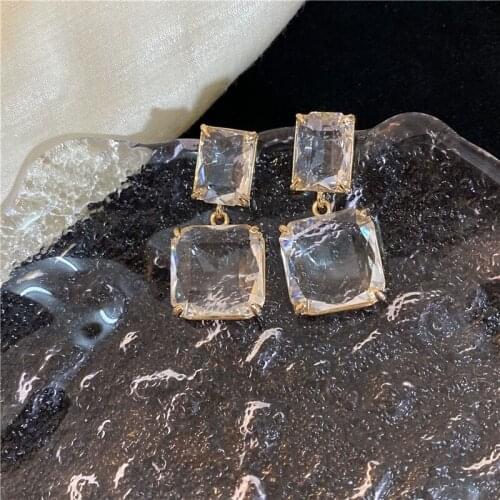 Korean New Design Fashion Jewelry Double Square Earrings Luxury Transparent Glass Crystal Party Earrings for Women Gift