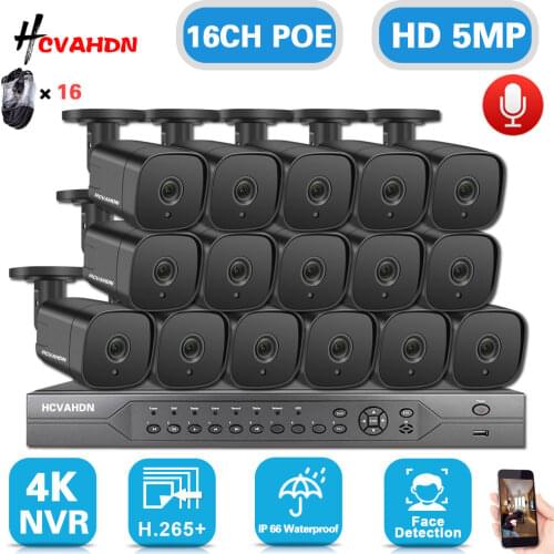 HCVAHDN AI Smart H.265 5MP System 16CH POE CCTV Security NVR Kit Two way Audio Outdoor Waterproof IP Camera Surveillance System