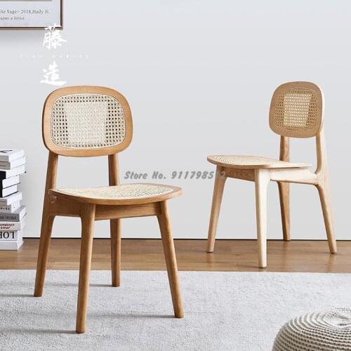 Log dining chair adult solid wood simple modern rattan backrest chair ins Japanese-style makeup chair designer rattan
