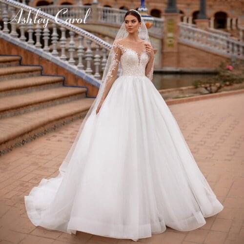 Ashley Carol A-Line Wedding Dress 2021 Delicate Beaded Scoop Appliques Bride Long Sleeve Button Backless Princess Bridal Gown