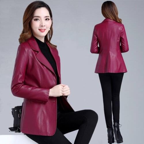 Spring Fall Casual Office Lady Women Pu Leather Coats and Jackets , Womens Slim 5xl 6xl Purple Red Black Suit Collar Blazer Coat