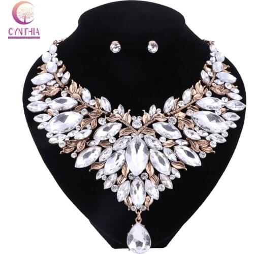 Vintage Wedding Jewelry Set Crystal 2Pcs Sets Statement Necklace/Earring For Women Party Accessories