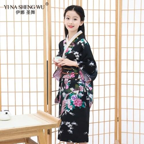 Japanese Traditional Kimono Cosplay Costumes Elegant Sakura Suit Print Peacock Children Robe Gown Girls Performance Kimono Dress