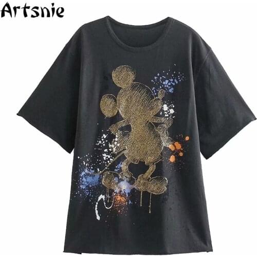 Artsnie Summer 2021 Mickey Mouse T Shirt Women Dark Gray O Neck Short Sleeve Tops Disney Cartoon Print Knitted Ladies T-shirts