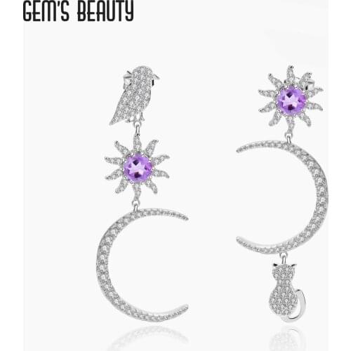 GEMS BEAUTY 925 Sterling Silver Earrings For Women Sun Halo Moon Bird Cat Round Natural Amethyst Handmade Stud Earrings