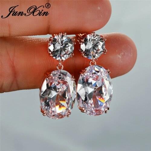 Luxury Female Austrian Crystal Round Oval Stud Earrings For Women White Gold Rose Gold Color Big White Zircon Wedding Earrings