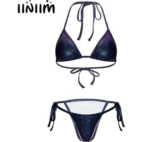 Womens Ladies Lace-up Shiny Striped Mini Bikini Set Two-piece Swimsuit Mini Micro Swimwear Swimming Surfing Bathing Suit