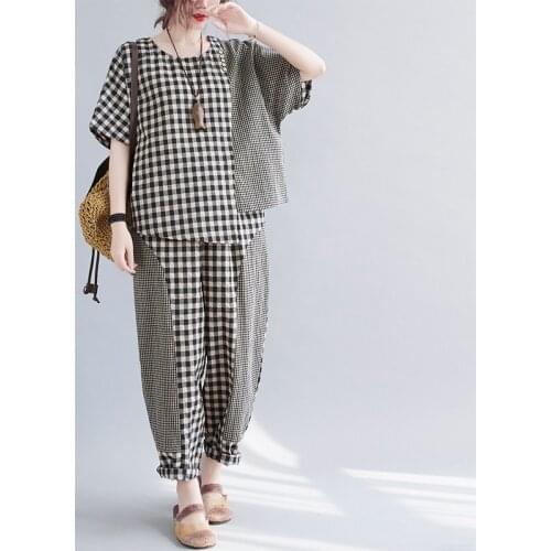 Johnature 2021 new causal plaid women two pieces sets summer korean loose irregular top ankle-length harem pant female sets