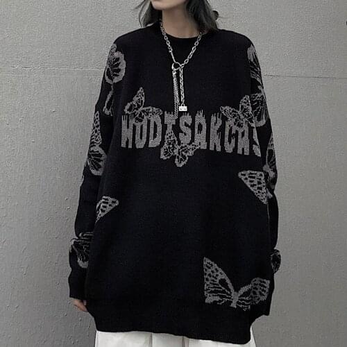 Harajuku Gothic Butterfly Jacquard Oversized Sweater Black O-Neck Knitwear For Men And Women 2021 Winter Loose Streetwear y2k