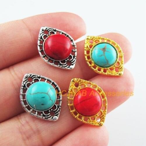 12Pcs Retro Gold Color Tibetan Silver Tone Flower Eye Blue&Red Stone Charms Connectors 14.5x20mm