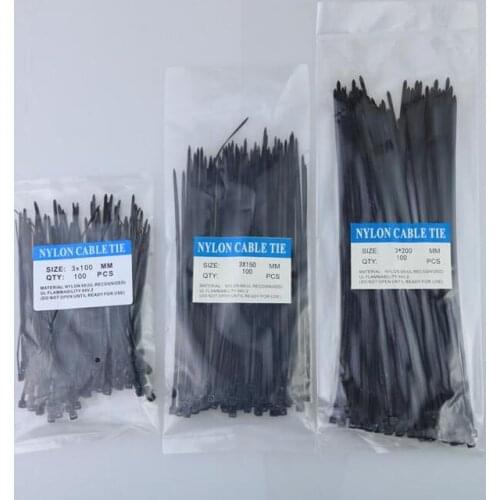 300pcs Nylon Cable Ties set inculdes 3sizes 3*100 3*150 3*200 Black Color National Standard Self-locking Plastic Wire Zip Tie