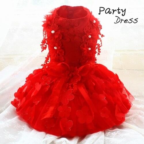 Free Shipping Handmade Dog Clothes Red Wedding Dress 3D Flowers More Layers Tulle Skirt Evening Party Gown Pet Cat Tutu Poodle