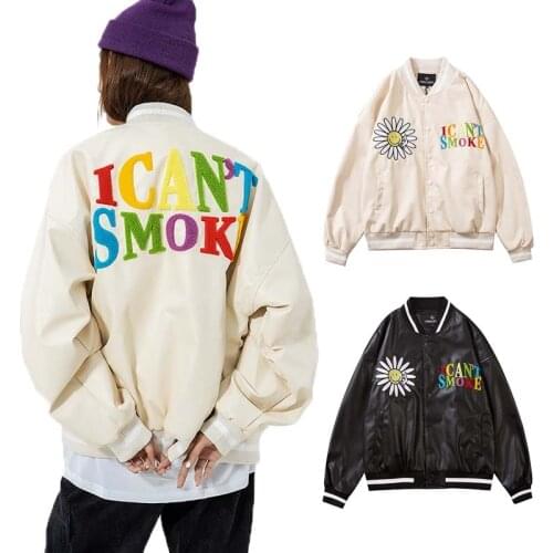 Hip Hop PU Leather Baseball Jacket Men Harajuku Daisy Letter Embroidery College Jackets Mens Streetwear Bomber Coats Veste Homme