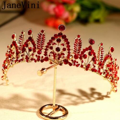 JaneVini Sparkling Red Hair Jewelry Bridal Tiaras Women Crown Wedding Rhinestones Headband Baroque Hairband Silver Headpieces