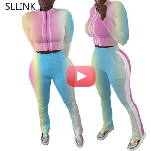 European and American Fall/Winter Hot-Selling Long-Sleeved Trousers Casual Sports Rainbow Gradient Printing Womens Suit