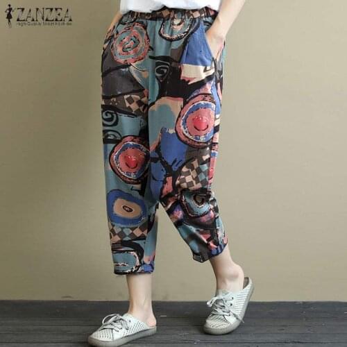 Vintage Printed Harem Pants Womens Casual Trousers ZANZEA 2021 Autumn Elastic Waist Long Pantalon Female Cotton Turnip S-5XL
