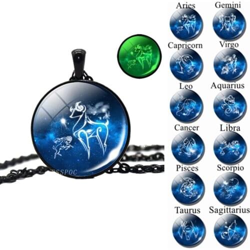 Glow In The Dark Zodiac Sign Necklace Glass Dome Pendant Sweater Chain Men Women Luminous Constellation Jewelry Birthday Gift