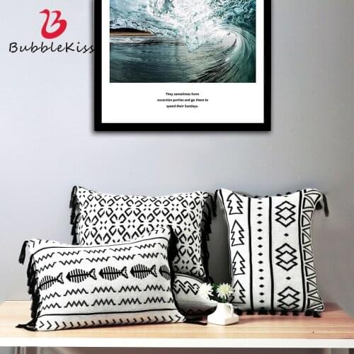Bubble Kiss Simple Style Cushion Cover Black White Geometry Tassel Throw Pillows Home Decor Sofa Bedroom Rectangle Pillow Cover