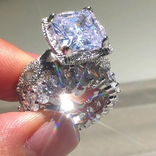 Original 925 Sterling Silver Rings For Women Four claws Square Simulated Diamond Wedding Engagement Ring set 2-in-1 Jewelry