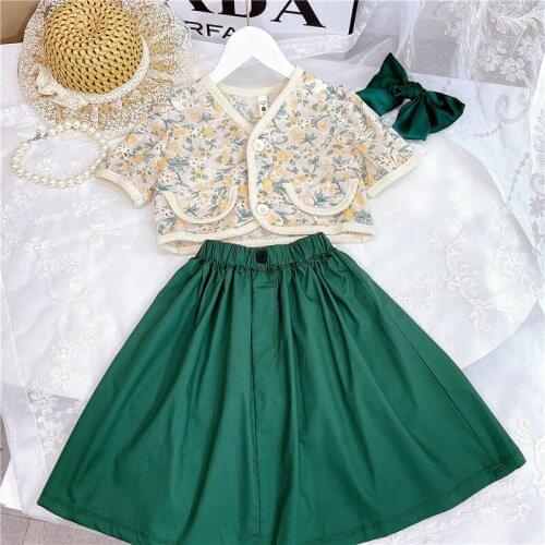 Summer Kids Fashion Outfits Set Flower Embroidery Blouse&green Skirt Two Piece Pretty Little Girls Clothing Birthday Clothes