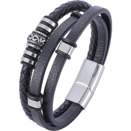 Hot Sale Multilayer Braided Wrap Leather Bracelets Men Stainless Steel Charm Magnet Clasp Punk Handmade Bangles Male Gift SP1152