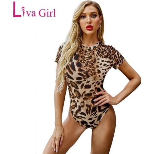 LIVA GIRL 2020 Leopard Print Sheer Mesh Bodysuit for Woman Mock O-neck Short Sleeve Bodycon Bodysuits Female Club Wear Body Tops