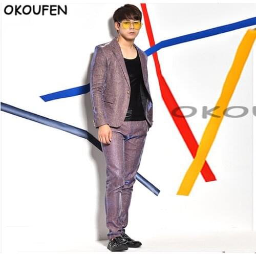 Man Personality Blue and Purple Gradient shiny Dress Suit Costumes Nightclub Male DJ Singer Stage Party Show wear
