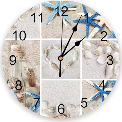 Collage Beach Shells Starfish Bottles Creative Wall Clock For Home Office Decoration Living Room Bedroom Kids Room Hanging Watch
