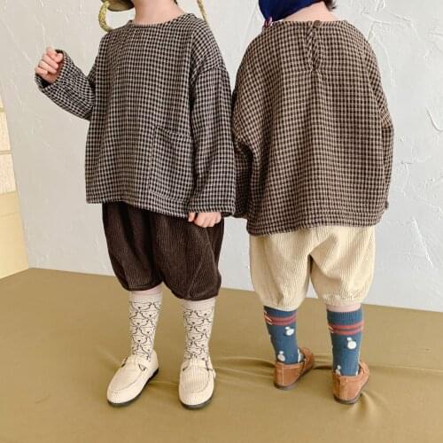 2021 Autumn Kids Clothes Plaid T-shirt for Brothes and Sisters Long Sleeve Tees Cotton Boys Tops Korean Girls Clothing