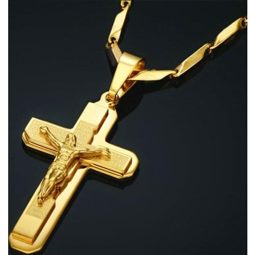 Religious Jesus Cross Necklace Pendant For Men Gold Color Stainless Steel Crucifix Necklaces Male Christian Jewelry Dropshipping