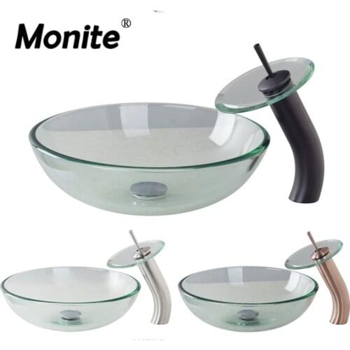 Waterfall Basin Faucet Glass Bowl Bathroom Sink Wash Basin Tempered Mixer Set ORB & Antique Copper & Nickel Brushed Sink Sets