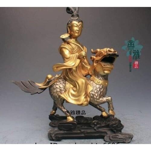 Tibet Bronze 24K Gold Gild Silver Ruyi Kwan-yin Guanyin Ride Kirin kylin Statue