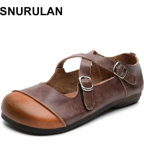 SNURULAN100% Natural Full Real Leather Shoes Woman Flat Shoes 2021New Spell Colors Retro Comfort Soft Fashion Casual Shoes Women