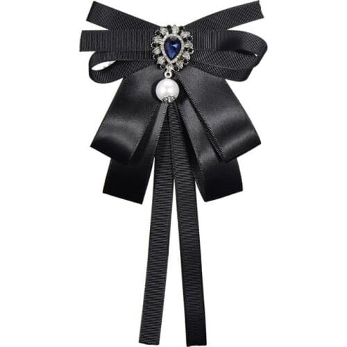 VAKKI Womens Fabric Pearl Inlaid Diamond Brooch Bow Tie Necktie Retro Bow Big Gem Brooch