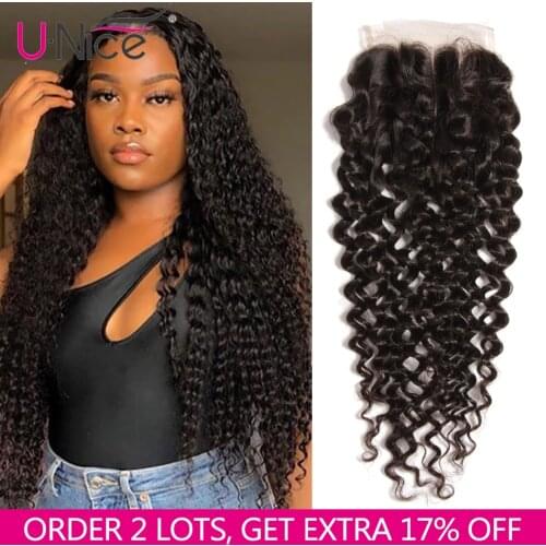 UNICE Hair Peruvian Curly Hair Closure Three Part 150% Density Human Hair Lace Closures Natural Color Remy Hair 10-20inch