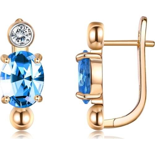 ZEMIOR Golden Earrings For Women Geometric Copper Stud Earring Oval Blue Cubic Zirconia Prom Party Fashion Jewelry Recommend