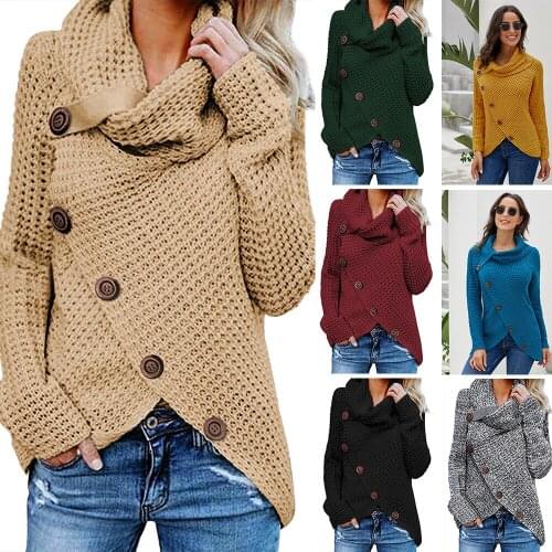 Womens Button Turtle Cowl Neck Asymmetric Hem Wrap Pullover Sweater Tops Turtleneck Women Winter Clothes