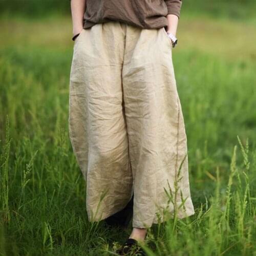 Women Spring Summer Solid Color Elastic Waist Ramie Pants Ladies Vintage Wide Leg Trousers Female 2020 Ramie Pants