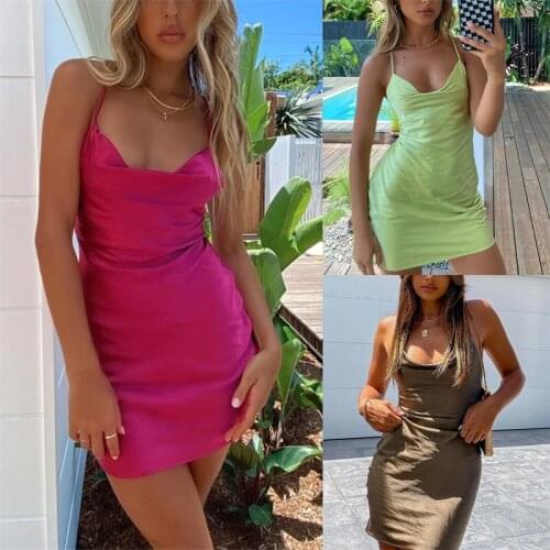 Thorn Tree Sexy Satin Silk V Neck Mini Dress 2021 Summer Women Spaghetti Strap Sleeveless Lace-up Backless Bodycon Dress Vestido