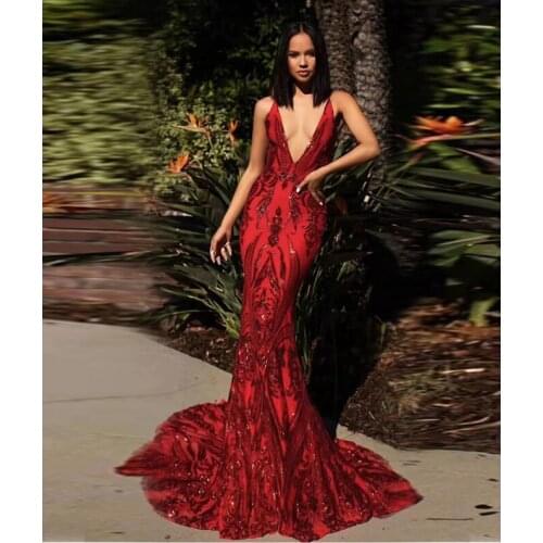 Latest Fashion Hot Selling Celebrity Women Red Sequin Dress Deep V Neck Sleeveless Long Dress Cocktail Gown Vestidos Wholesale