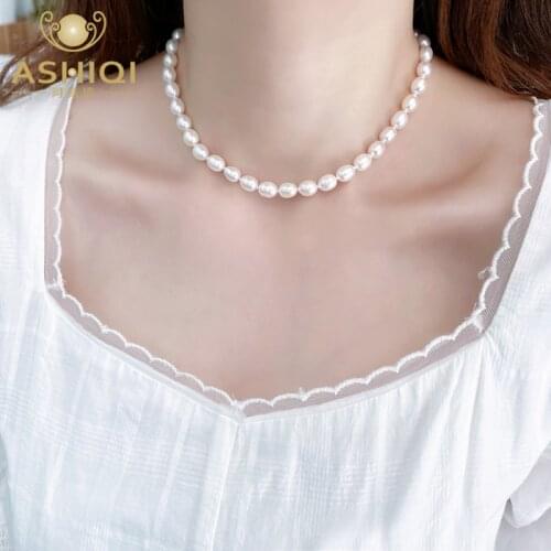 ASHIQI 7-8mm natural freshwater pearl womens necklace genuine 925 sterling silver buckle white rice-shaped pearl jewelry gift