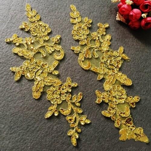 1Pair Gold Applique Sequins Floral Motif Venise Lace Trim Applique Fabric For Wedding Dress Gown Headpiece Making