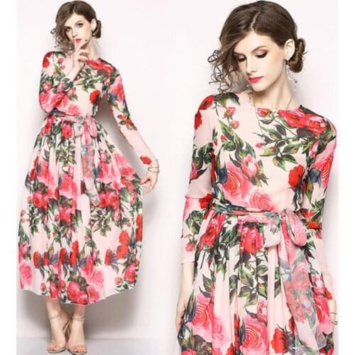 2021 New Fashion Spring Summer Autumn Women Lady Flower Print Long Sleeve Bohemian Plus Size Chiffon Slim Maxi Dress S-2XL