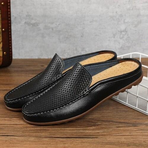 2020 Fashion Half Drag Loafers Men Casual Leather Driving Shoes Classic Mesh Summer Slippers Breathable Light Leisure Walk Flats