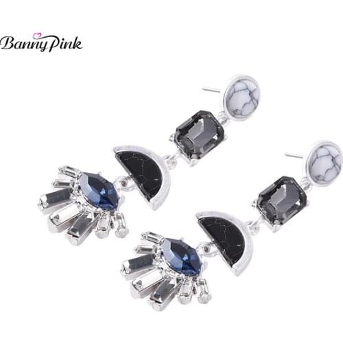 Banny Pink Elegant Geo Black Stone Glass Statement Studs Earrings For Women Chunky Tassel Earrings Vintage Pendant Post Earrings