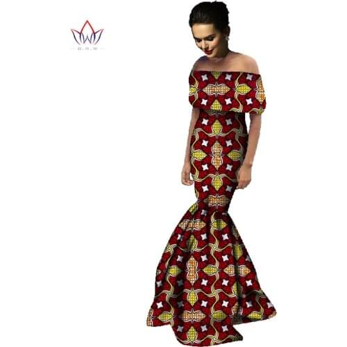 BRW Women African Print Dresses Off Shoulder Wrap Dress Dashiki Print Unique Ethnic Mermaid Dress Plus Size Clothing WY736