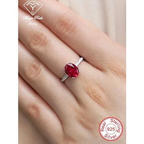 Lab Created Ruby Real Echt 925 Sterling Silver Party Ring For Women Imitation Red Oval Shape Gemstones Female Charm Friend Gifts