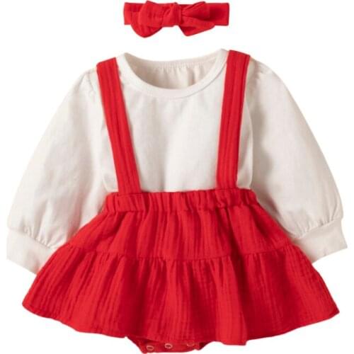 Baby Girls Three-piece Clothes Set, Solid Color Pullover, Suspender Dress and Bow Knot Headdress Spring Autumn